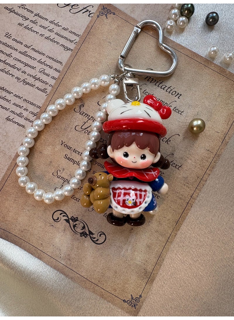 Handcrafted Ceramic Doll Keychain | Pearl Chain Bag Charm - Image 1